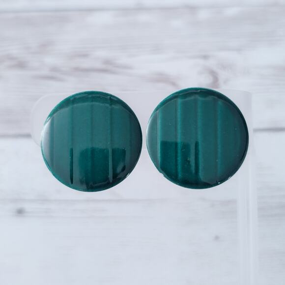 Vintage Clip On Earrings Deep Green Circle with Line Design Retro 1 & 1/8" - Picture 1 of 5